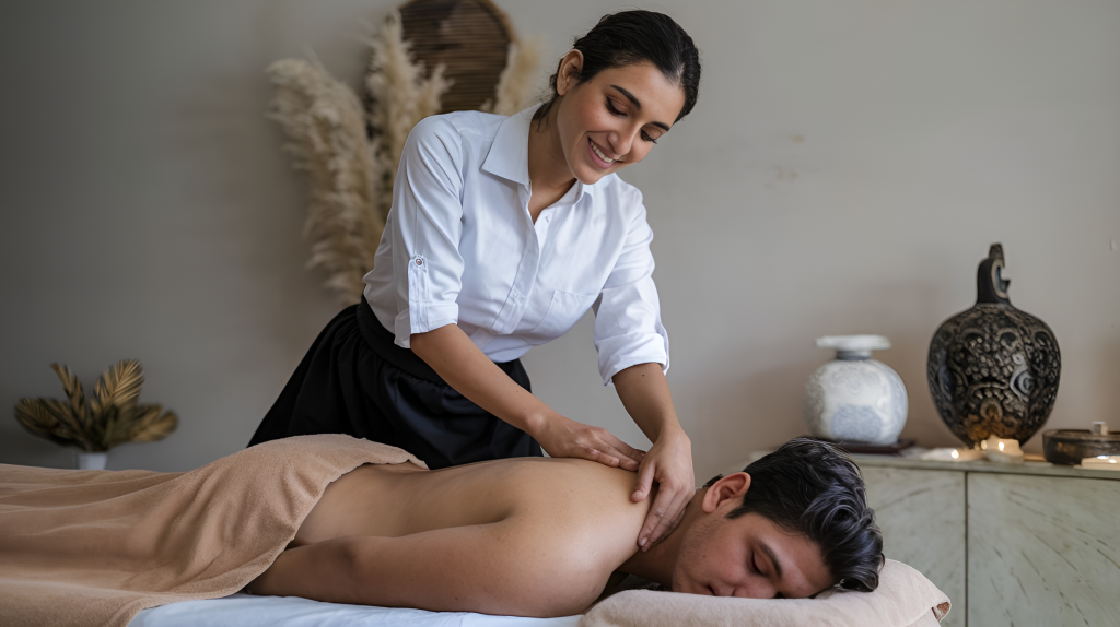 Female therapist giving full body massage to male client at Multan Massage Center.