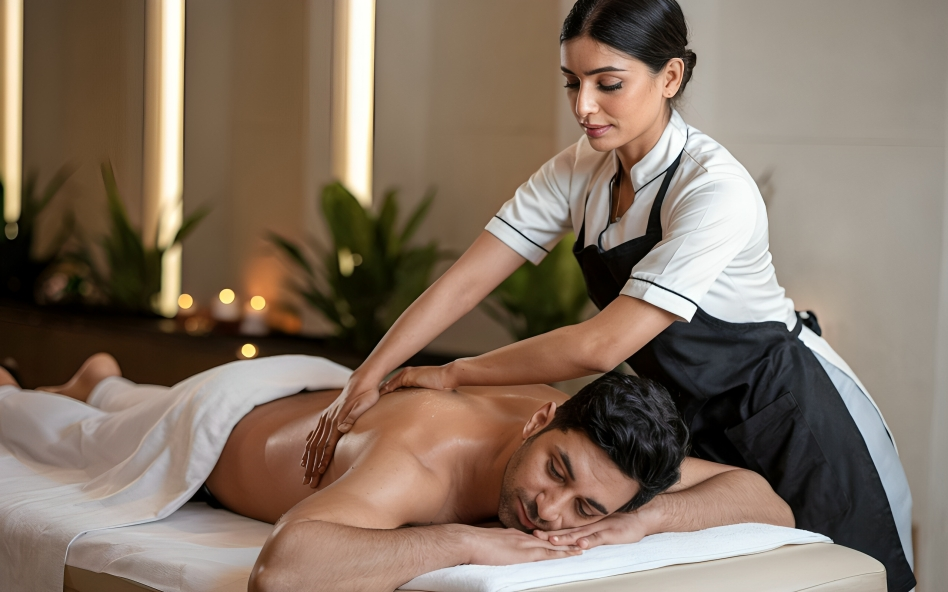 Professional female massage therapist providing back massage at Multan Massage Center.
